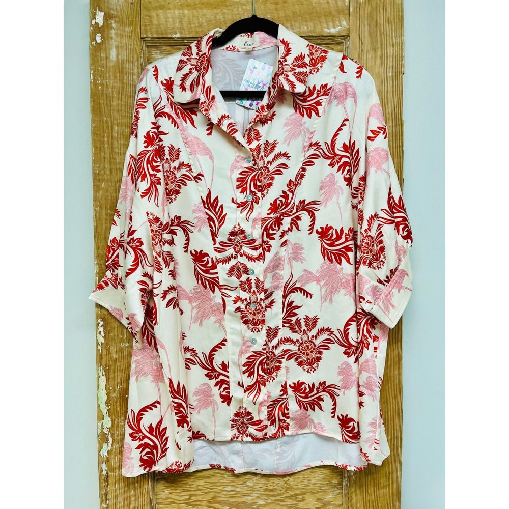 Lena Blouse L Damask Palm Tropical Silky Coastal Resortwear Relaxed Travel NWT